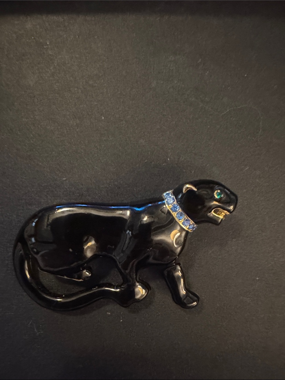 Vintage 1970s Black Enamel Panther Brooch with Blue Rhinestone Collar gold back